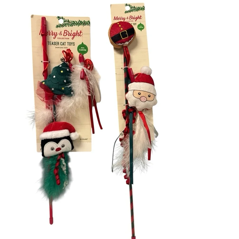 Lot Of 2 Merry Bright Catnip Cat Toys Fuzzy Feather Plush Bells Teaser‎ Sticks
